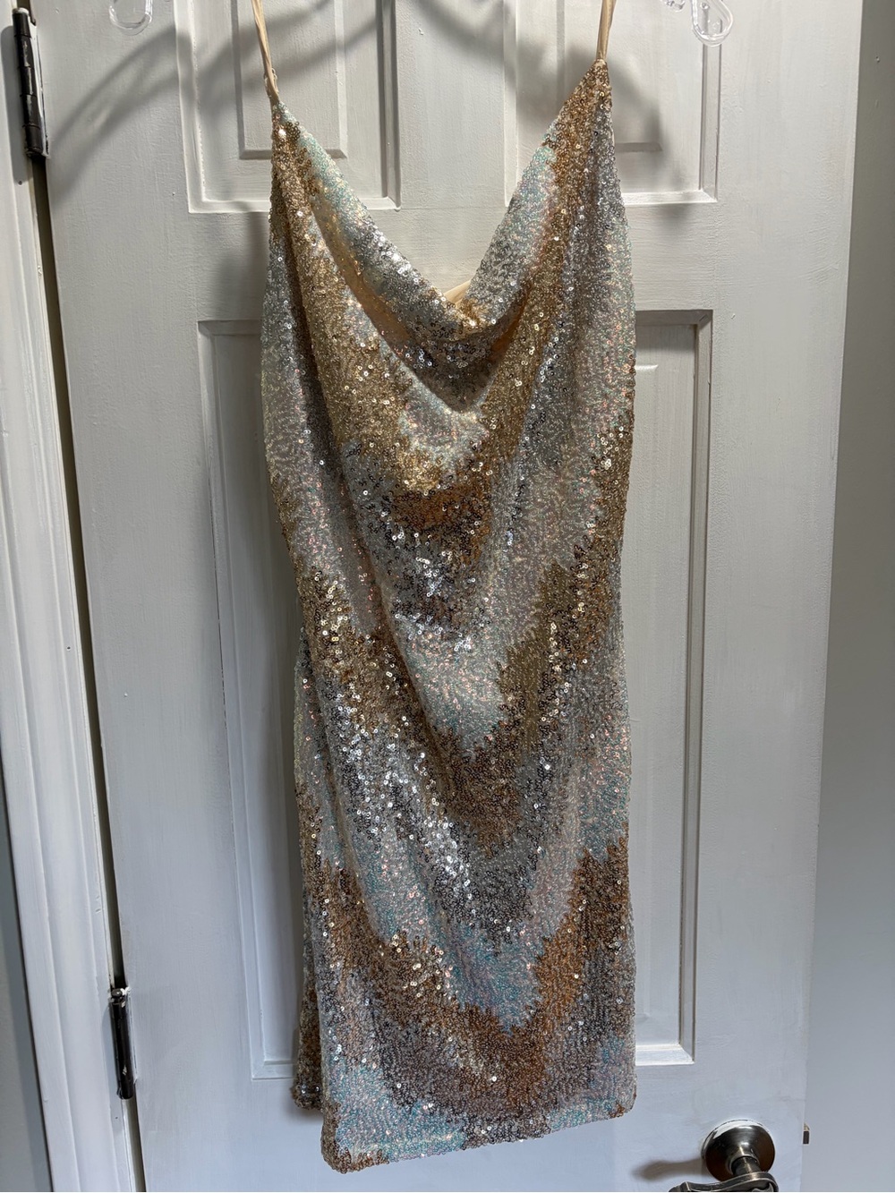 Sequin Cowl Slip Dress in Gold and Silver